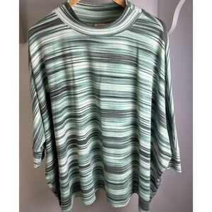 D&Co Active Fleece Sweatshirt Oversized L Green Striped Mock Neck Pullover Soft